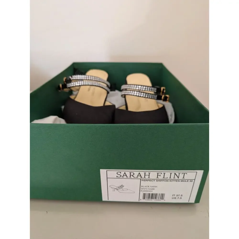 Sarah Flint Black Satin Kitten Mules 7.5 EUC